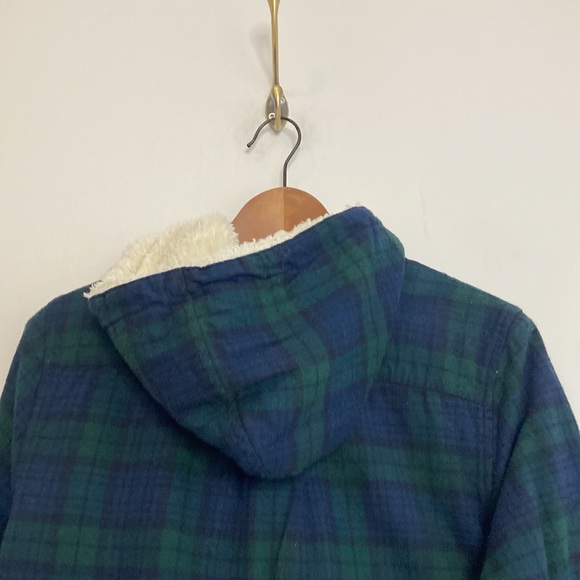 LL Bean Hoodie Womens Small Blue Scotch Plaid Flannel Sherpa Fleece Zip Shacket - Picture 4 of 16